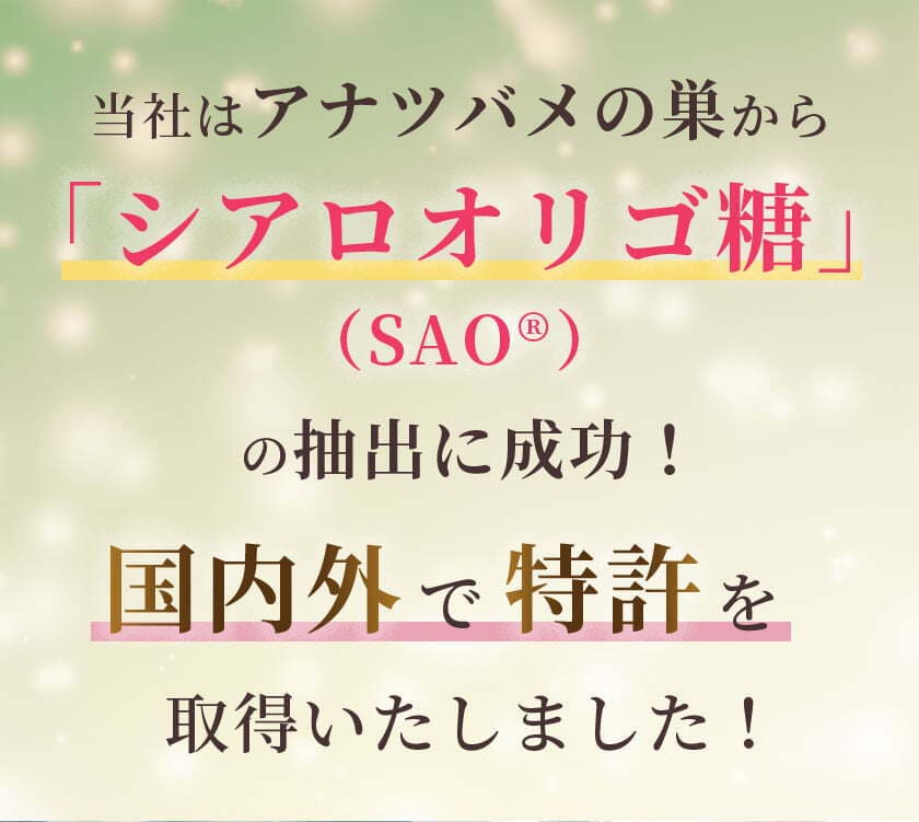 当社はアナツバメの巣から「シアロオリゴ糖」（SAO®）の抽出に成功！国内外で特許を取得いたしました！