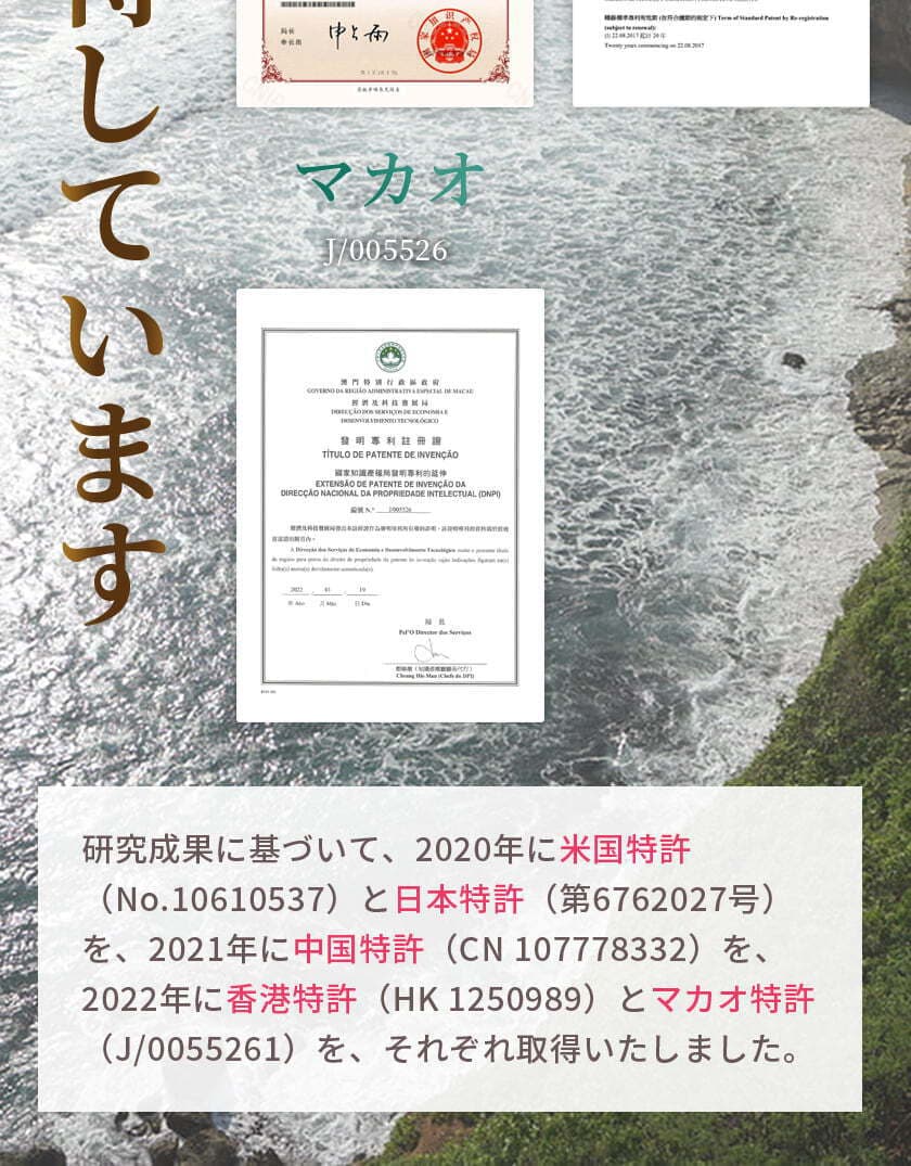 研究成果に基づいて、2020年に米国特許（No.10610537）と日本特許（第6762027号）を、2021年に中国特許（CN 107778332）を、2022年に香港特許（HK 1250989）とマカオ特許（J/0055261）を、それぞれ取得いたしました。